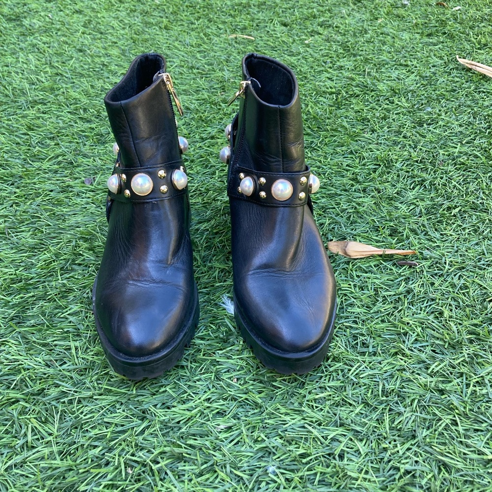 Worn once Karl Lagerfeld booties with pearl and brass balls around lower ankle